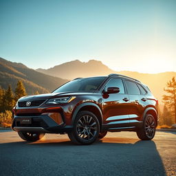 A stunning high-quality sports SUV parked in a picturesque mountain setting, showcasing its sleek design and powerful stance