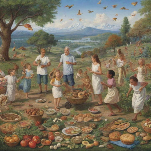 Depiction of diverse humans experiencing their greatest joys such as exploring nature, artistic creation, scientific discovery, family time, and culinary delights, showcasing a myriad of life's pleasures