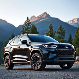 A stunning high-quality sports SUV parked in a picturesque mountain setting, showcasing its sleek design and powerful stance