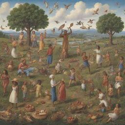 Depiction of diverse humans experiencing their greatest joys such as exploring nature, artistic creation, scientific discovery, family time, and culinary delights, showcasing a myriad of life's pleasures