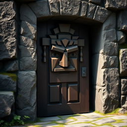 An elaborate wooden door set within a rugged stone frame, viewed from a 3/4 right side angle