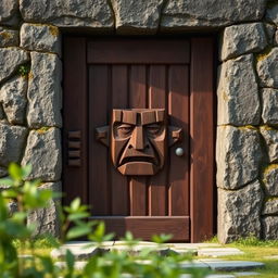 An elaborate wooden door set within a rugged stone frame, viewed from a 3/4 right side angle