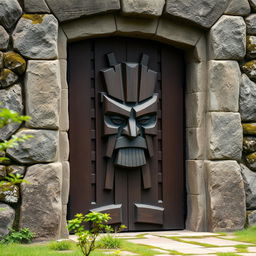 An elaborate wooden door set within a rugged stone frame, viewed from a 3/4 right side angle