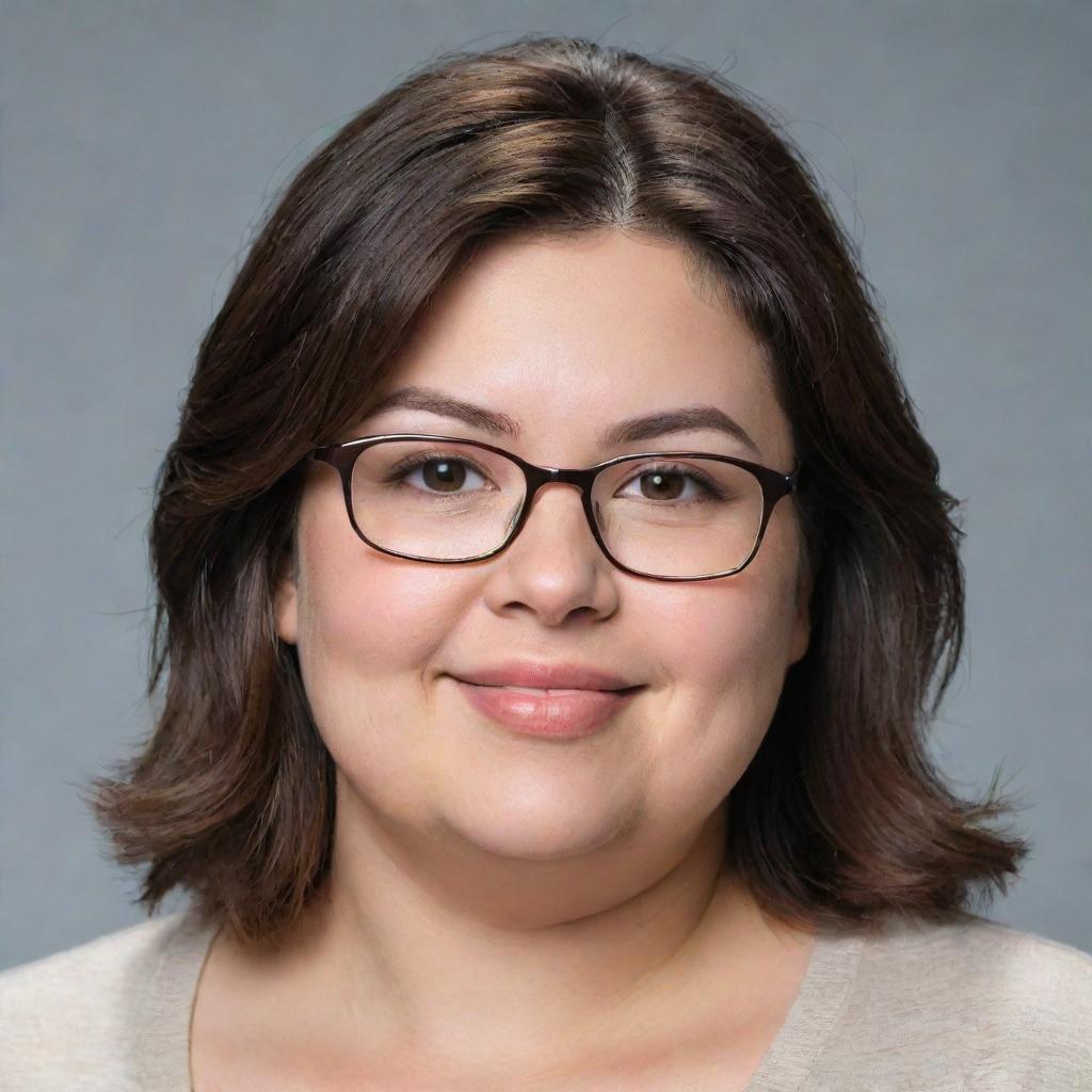 Generate an image of a charming, chubby woman with eyeglasses. She has dark brown eyes and shoulder-length brown hair.