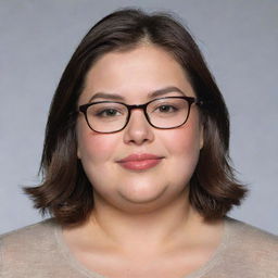 Generate an image of a charming, chubby woman with eyeglasses. She has dark brown eyes and shoulder-length brown hair.