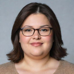 Generate an image of a charming, chubby woman with eyeglasses. She has dark brown eyes and shoulder-length brown hair.