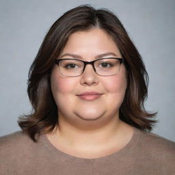 Generate an image of a charming, chubby woman with eyeglasses. She has dark brown eyes and shoulder-length brown hair.