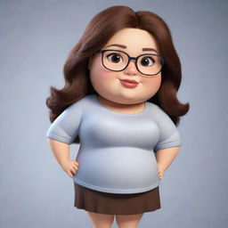 Create a cute, cartoon chubby woman with eyeglasses. She has dark brown eyes and shoulder-length brown hair.