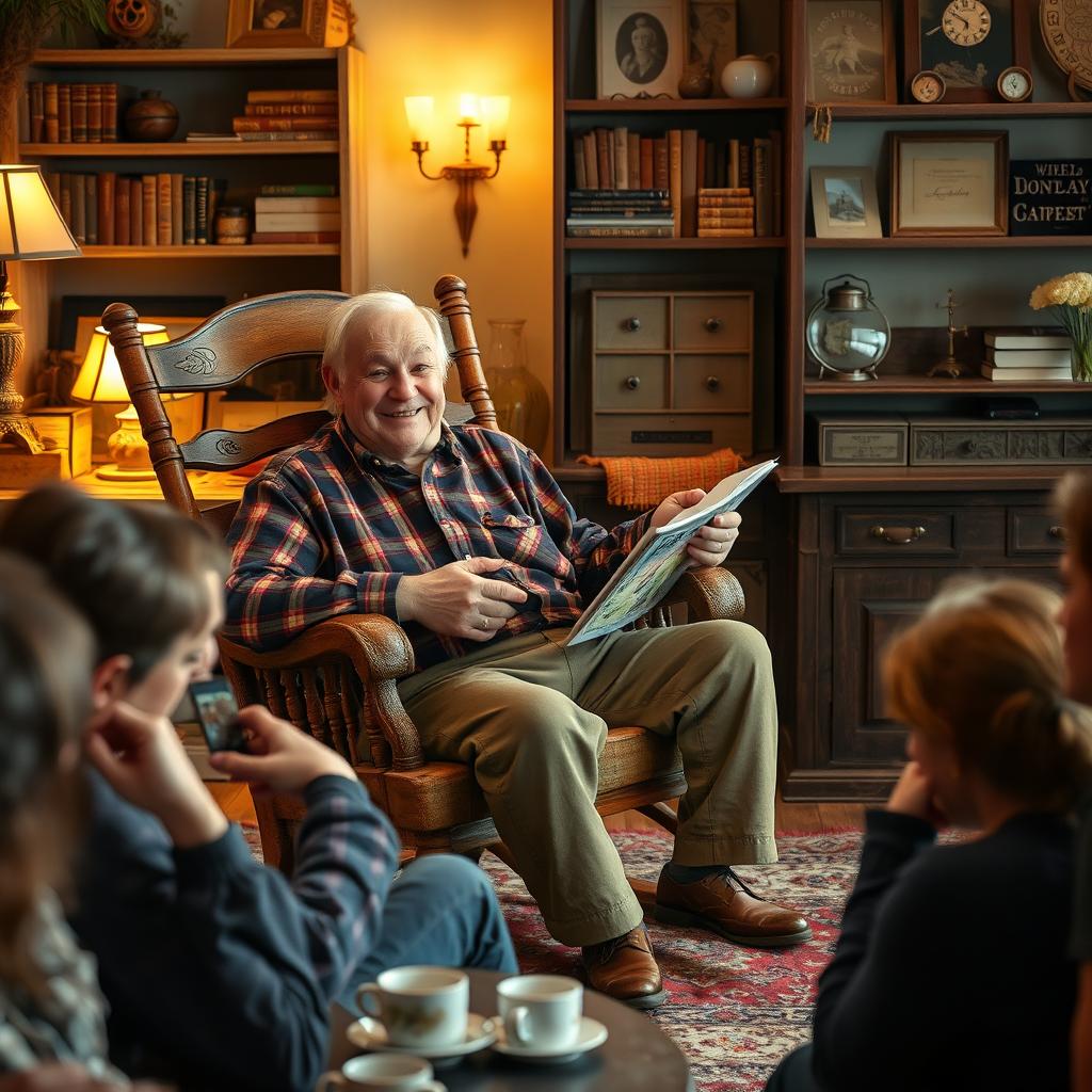 An elderly man sitting comfortably in a vintage rocking chair, animatedly telling a long, pointless rambling story