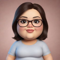 Create a cute, cartoon chubby woman with eyeglasses. She has dark brown eyes and shoulder-length brown hair.