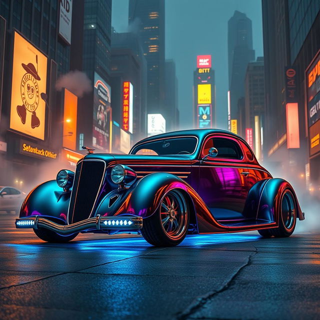 A 1936 Chevrolet Coupe designed with an exaggerated widebody stance, integrated with cyberpunk elements