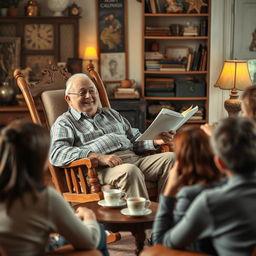 An elderly man sitting comfortably in a vintage rocking chair, animatedly telling a long, pointless rambling story