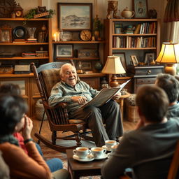 An elderly man sitting comfortably in a vintage rocking chair, animatedly telling a long, pointless rambling story