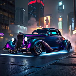 A 1936 Chevrolet Coupe designed with an exaggerated widebody stance, integrated with cyberpunk elements