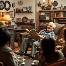 An elderly man sitting comfortably in a vintage rocking chair, animatedly telling a long, pointless rambling story