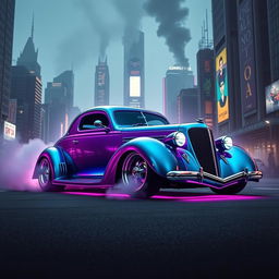 A 1936 Chevrolet Coupe designed with an exaggerated widebody stance, integrated with cyberpunk elements