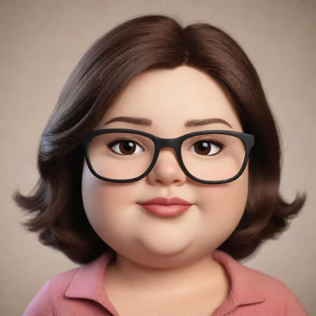 Create a cute, cartoon chubby woman with eyeglasses. She has dark brown eyes and shoulder-length brown hair.