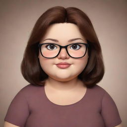 Create a cute, cartoon chubby woman with eyeglasses. She has dark brown eyes and shoulder-length brown hair.