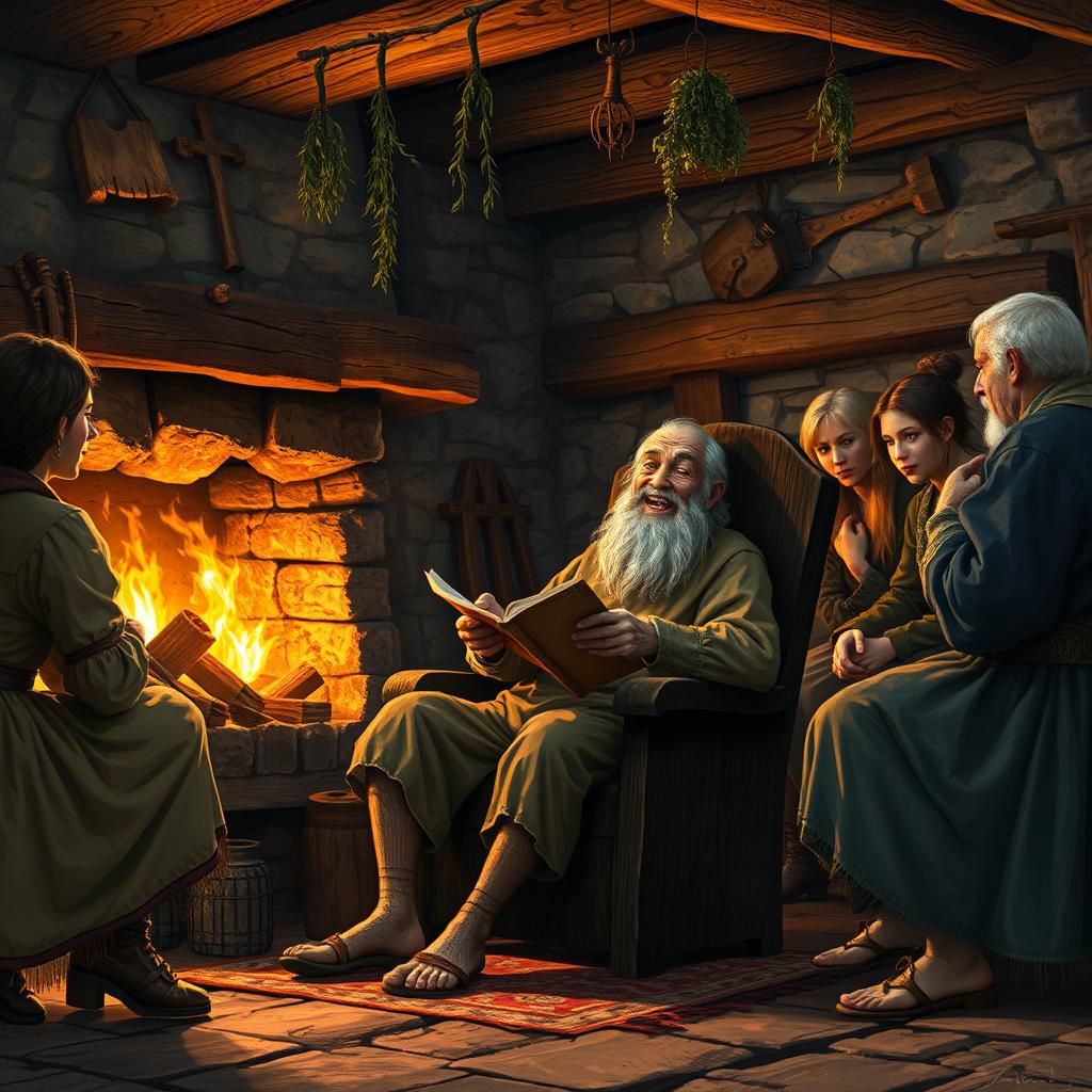 An old peasant man sitting on a rustic wooden chair beside a cozy fireplace, animatedly rambling on about mundane tales from his life in a medieval fantasy setting