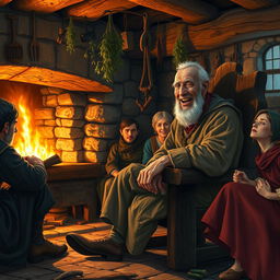 An old peasant man sitting on a rustic wooden chair beside a cozy fireplace, animatedly rambling on about mundane tales from his life in a medieval fantasy setting