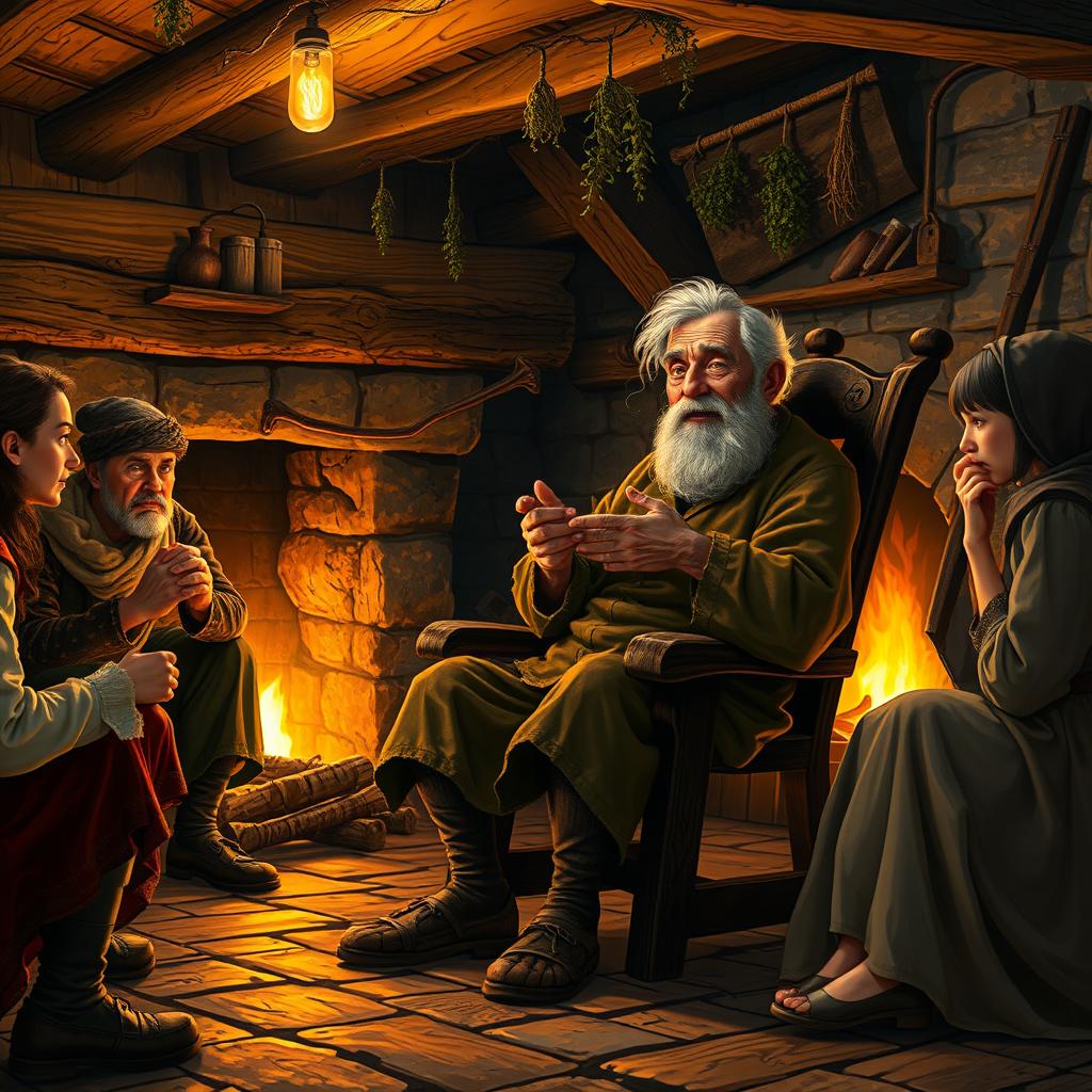 An old peasant man sitting on a rustic wooden chair beside a cozy fireplace, animatedly rambling on about mundane tales from his life in a medieval fantasy setting
