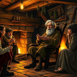 An old peasant man sitting on a rustic wooden chair beside a cozy fireplace, animatedly rambling on about mundane tales from his life in a medieval fantasy setting