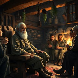 An old peasant man sitting on a rustic wooden chair beside a cozy fireplace, animatedly rambling on about mundane tales from his life in a medieval fantasy setting