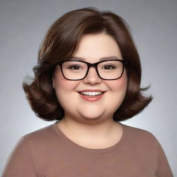 Generate an image of a cute cartoon chubby woman with eyeglasses, dark brown eyes, and shoulder-length brown hair. She should be winking and smiling widely.