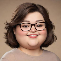 Generate an image of a cute cartoon chubby woman with eyeglasses, dark brown eyes, and shoulder-length brown hair. She should be winking and smiling widely.