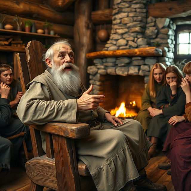 An old peasant man seated on a sturdy wooden chair, animatedly rambling about his life and experiences in a medieval fantasy context