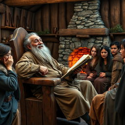 An old peasant man seated on a sturdy wooden chair, animatedly rambling about his life and experiences in a medieval fantasy context