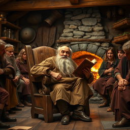 An old peasant man seated on a sturdy wooden chair, animatedly rambling about his life and experiences in a medieval fantasy context