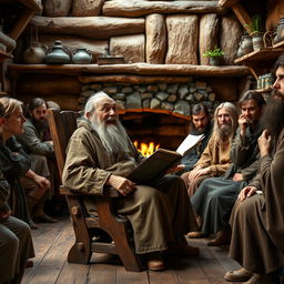 An old peasant man seated on a sturdy wooden chair, animatedly rambling about his life and experiences in a medieval fantasy context