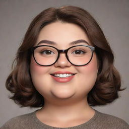 Generate an image of a cute cartoon chubby woman with eyeglasses, dark brown eyes, and shoulder-length brown hair. She should be winking and smiling widely.