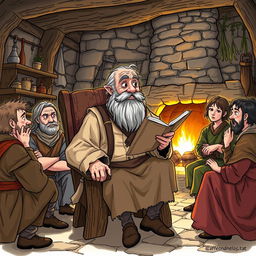 An illustration of an old peasant man sitting on a rustic wooden chair, enthusiastically rambling about his life in a medieval fantasy setting