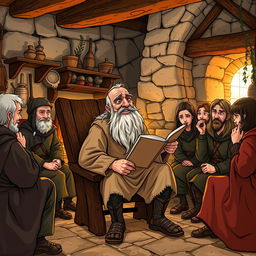 An illustration of an old peasant man sitting on a rustic wooden chair, enthusiastically rambling about his life in a medieval fantasy setting