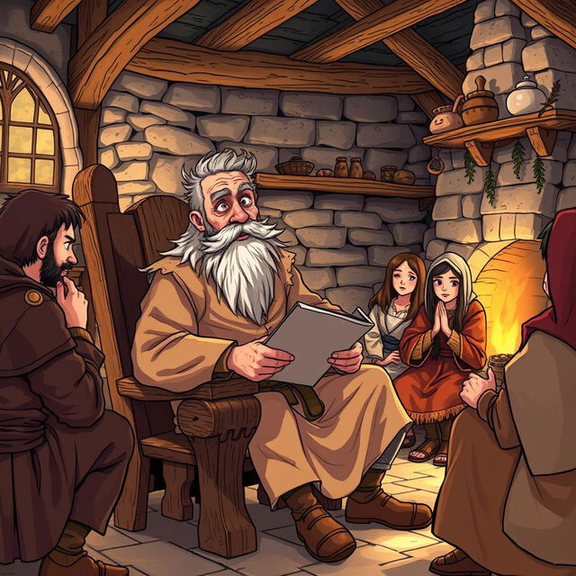 An illustration of an old peasant man sitting on a rustic wooden chair, enthusiastically rambling about his life in a medieval fantasy setting