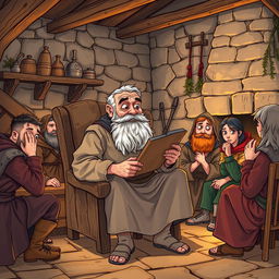 An illustration of an old peasant man sitting on a rustic wooden chair, enthusiastically rambling about his life in a medieval fantasy setting