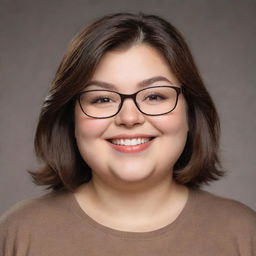 Generate an image of a cute cartoon chubby woman with eyeglasses, dark brown eyes, and shoulder-length brown hair. She should be winking and smiling widely.