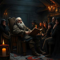 A dark medieval fantasy illustration showcasing an old peasant man seated on a weathered wooden chair, passionately rambling about his tales in a dimly lit tavern