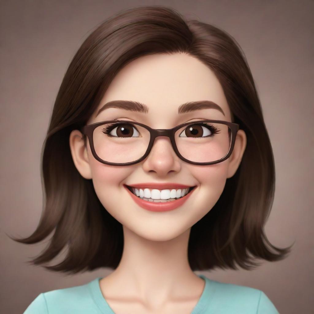 Depict a cute cartoon woman with eyeglasses, dark brown eyes, and shoulder-length brown hair. She is winking and smiling widely.