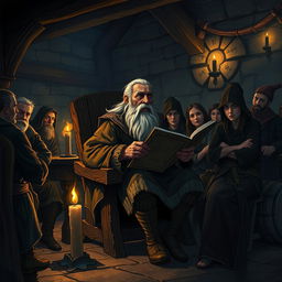 A dark medieval fantasy illustration showcasing an old peasant man seated on a weathered wooden chair, passionately rambling about his tales in a dimly lit tavern
