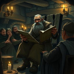 A dark medieval fantasy illustration showcasing an old peasant man seated on a weathered wooden chair, passionately rambling about his tales in a dimly lit tavern