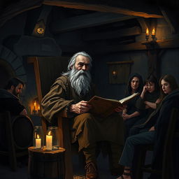 A dark medieval fantasy illustration showcasing an old peasant man seated on a weathered wooden chair, passionately rambling about his tales in a dimly lit tavern