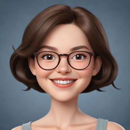 Depict a cute cartoon woman with eyeglasses, dark brown eyes, and shoulder-length brown hair. She is winking and smiling widely.