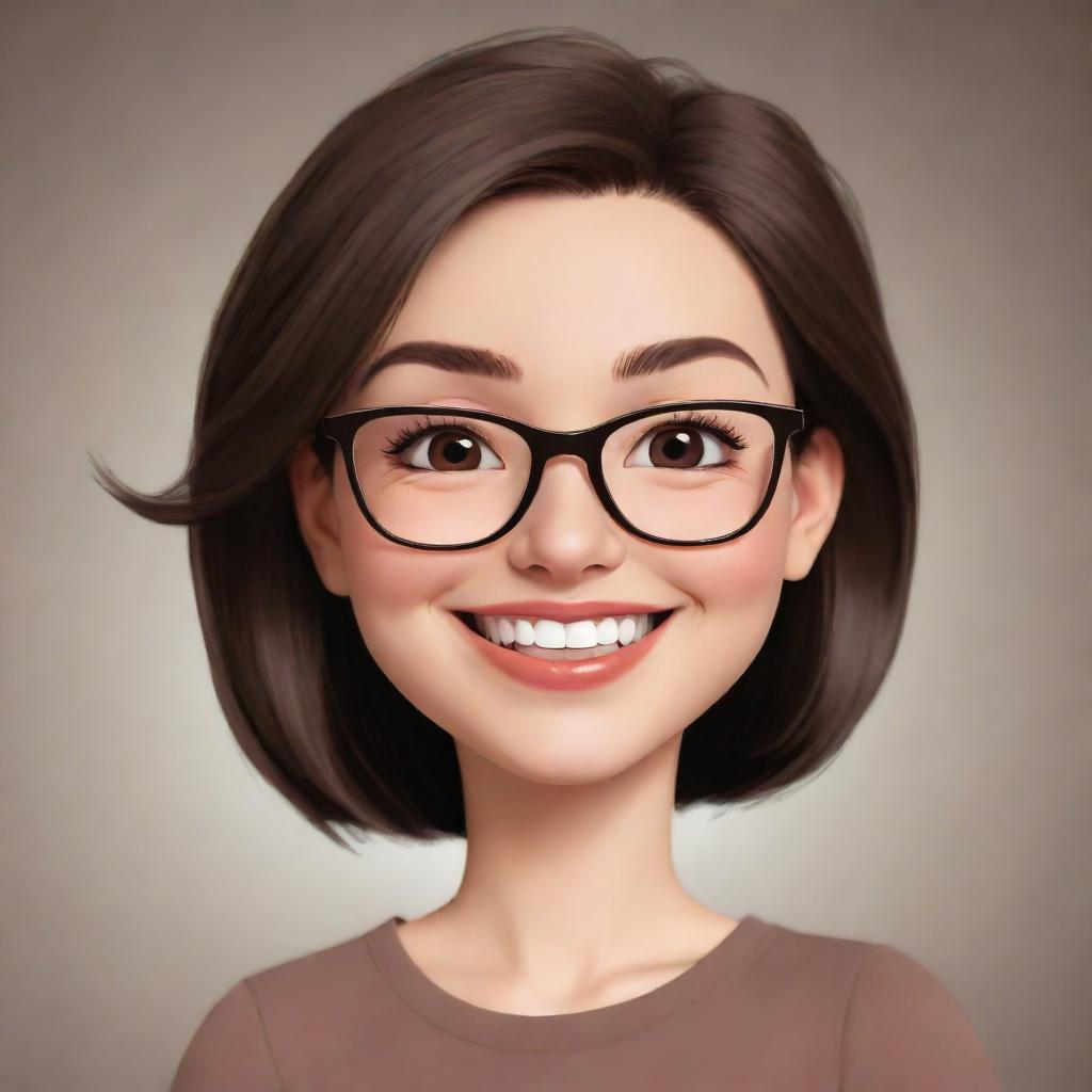 Depict a cute cartoon woman with eyeglasses, dark brown eyes, and shoulder-length brown hair. She is winking and smiling widely.