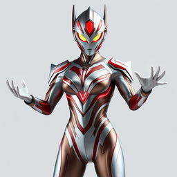 A reimagined female version of Ultraman, featuring sleek and futuristic armor in a metallic silver and red color scheme