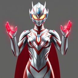 A reimagined female version of Ultraman, featuring sleek and futuristic armor in a metallic silver and red color scheme