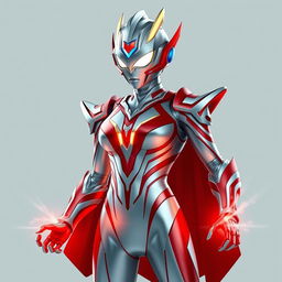 A reimagined female version of Ultraman, featuring sleek and futuristic armor in a metallic silver and red color scheme