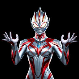 A reimagined female version of Ultraman, featuring sleek and futuristic armor in a metallic silver and red color scheme